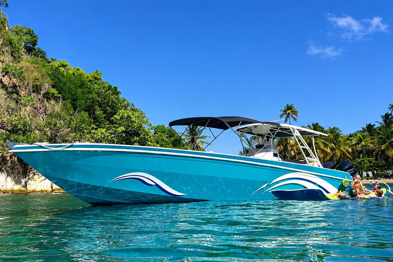 Un bateau d’excursion au mouillage devant un îlet boisé, la baignade au large